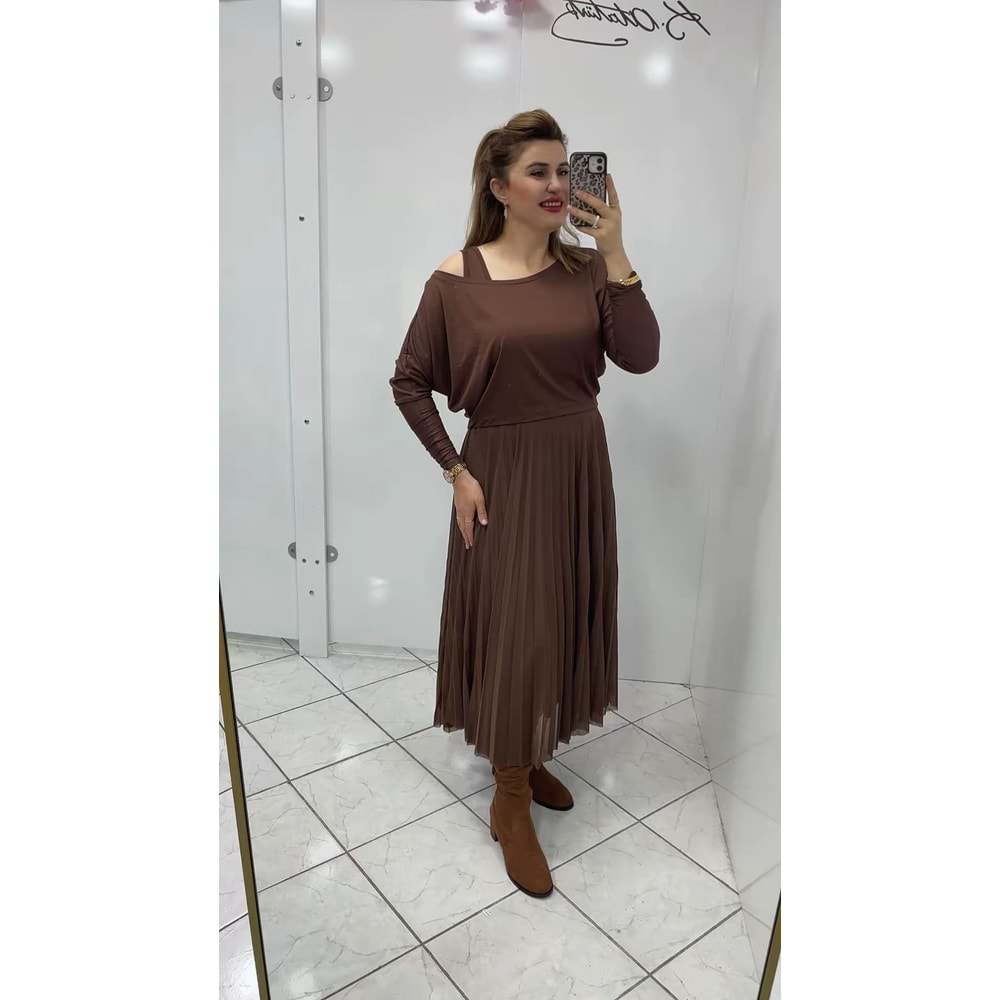 Buketli İkili Pliseli Elbise - Zümra Butik - KAHVERENGİ - L