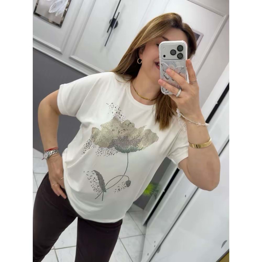 Gül Desenli Tşört - Zümra Butik - BEYAZ - STANDART