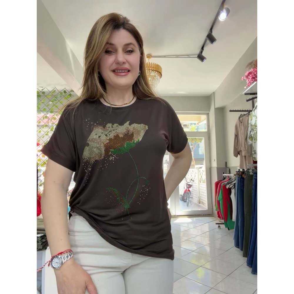 Gül Desenli Tşört - Zümra Butik - KAHVERENGİ - STANDART