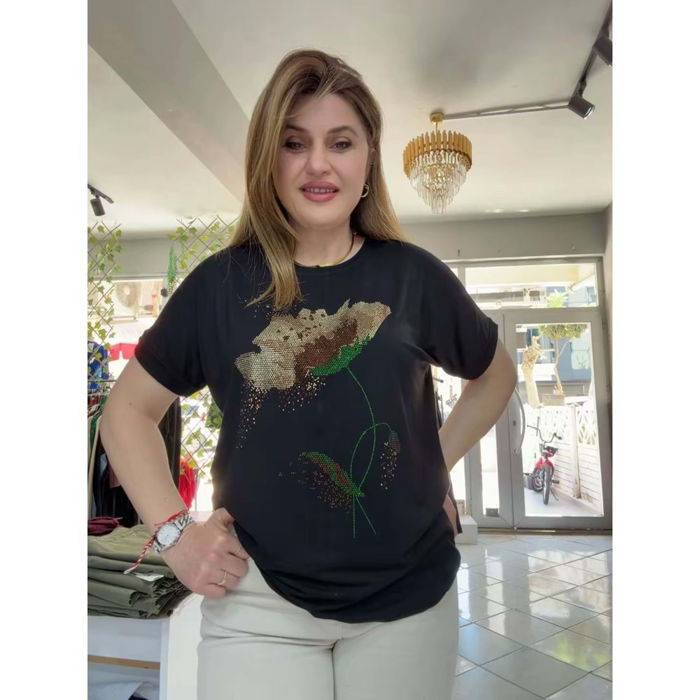 Gül Desenli Tşört - Zümra Butik - SİYAH - STANDART