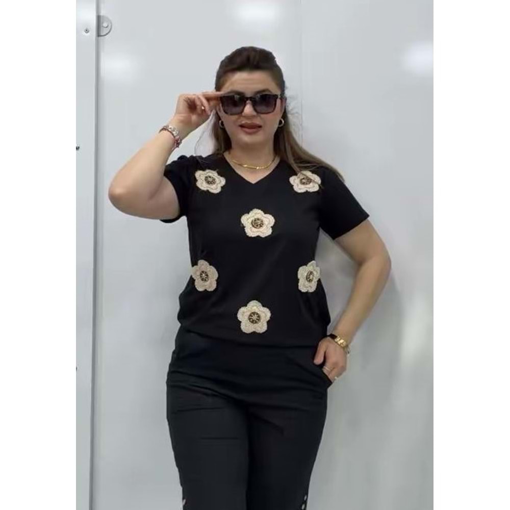 Kelebek Detaylı Siyah Tşört - Zümra Butik - SİYAH - M