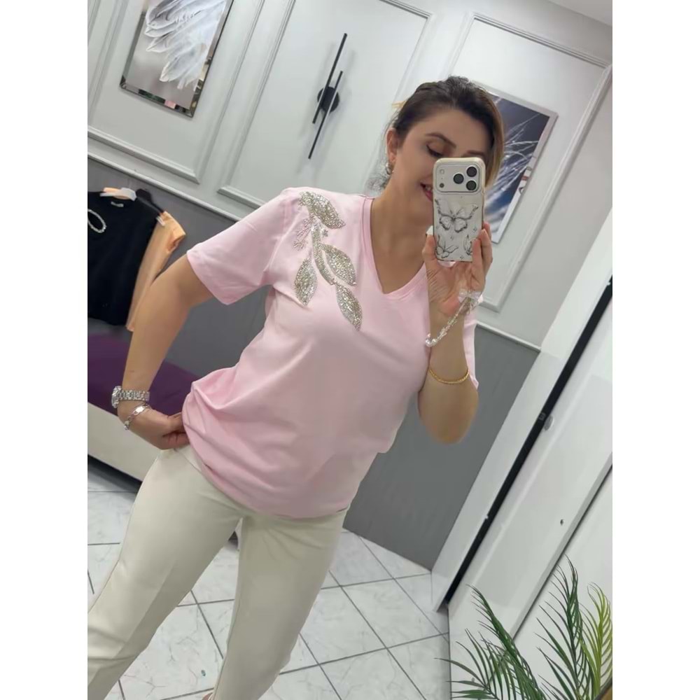 V YAKA TAŞLI TŞÖRT - Zümra Butik - SİYAH - L