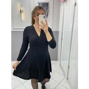 Buketli V Yaka Mini Elbise - Zümra Butik - SİYAH - M