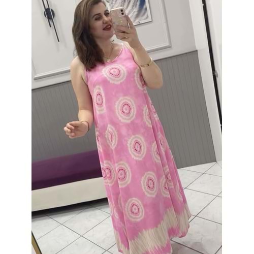 İp Askılı Desenli Elbise - Zümra Butik - PEMBE - M