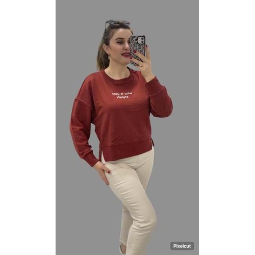 İki İp Yuvarlak Yaka Basic Sweat - KİREMİT - M