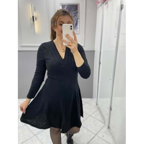 Buketli V Yaka Mini Elbise - Zümra Butik - SİYAH - M