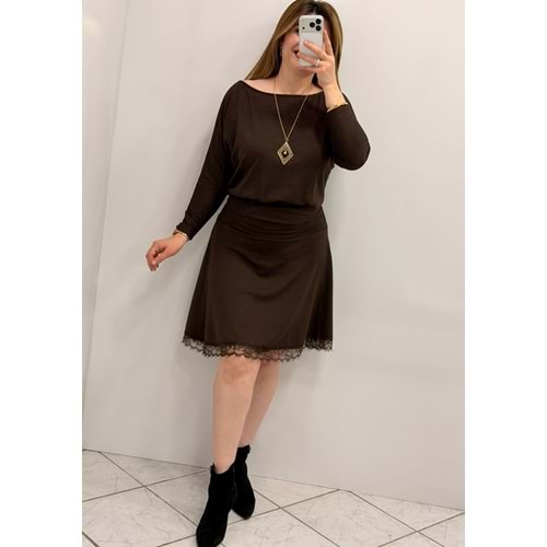 Kayık Yaka Elbise - Zümra Butik - KAHVERENGİ - L