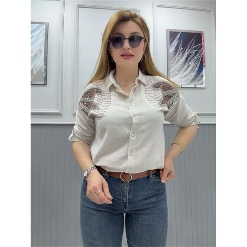 Gömlek Taş İşlemeli Keten - Zümra Butik - KREM - L