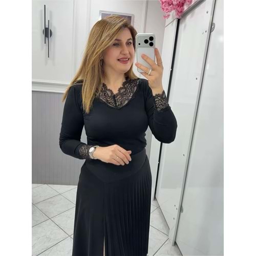 Dantel detay V Yaka Tşört - Zümra Butik - SİYAH - M