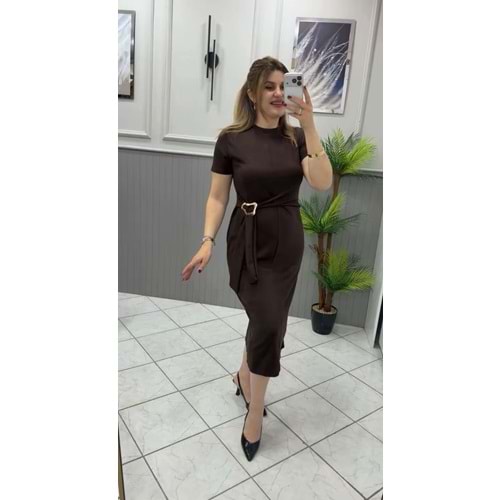 Yandan Tokalı Elbise - Zümra Butik - KAHVERENGİ - S