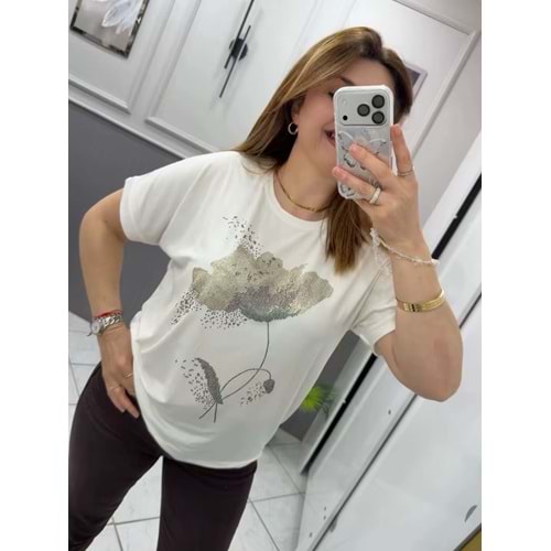 Gül Desenli Tşört - Zümra Butik - BEYAZ - STANDART