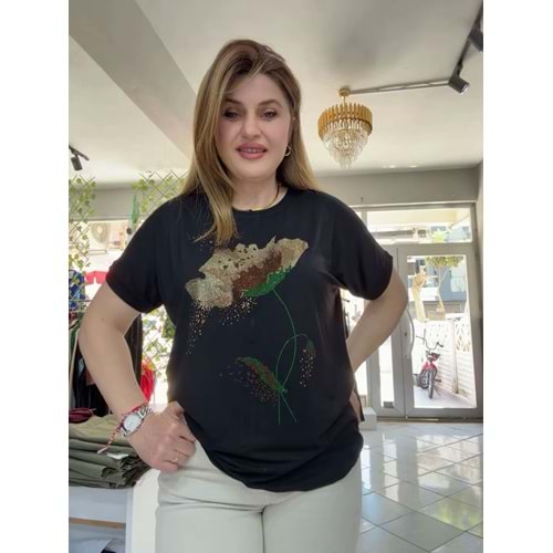 Gül Desenli Tşört - Zümra Butik - SİYAH - STANDART