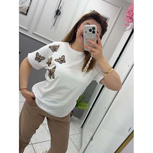 Kelebek Detaylı Tşört - Zümra Butik - BEYAZ - L