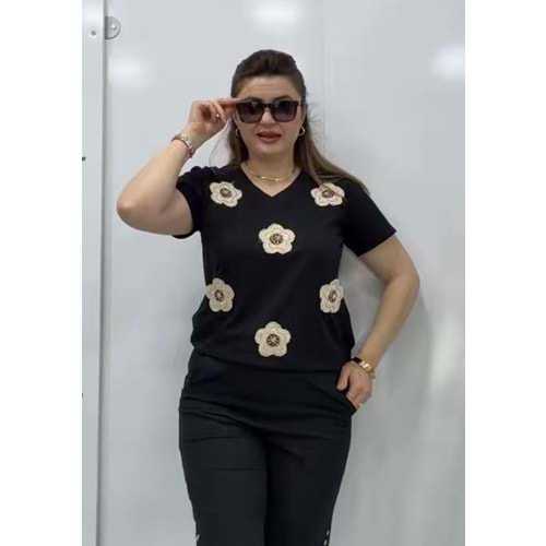 Kelebek Detaylı Siyah Tşört - Zümra Butik - SİYAH - M