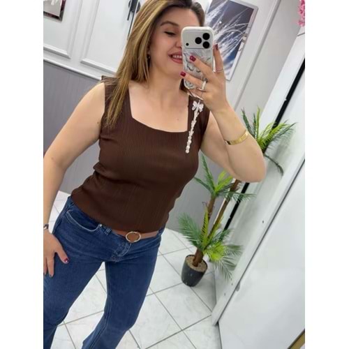 Askılı Triko Örme Kumaş Atlet - Zümra Butik - KAHVERENGİ - STANDART