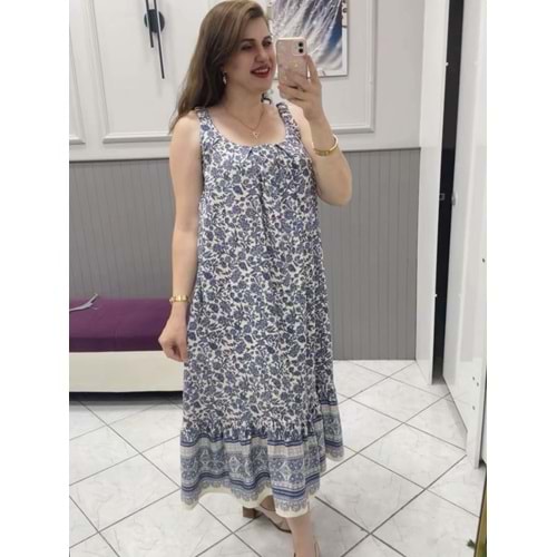 Mavi Beyaz Desenli Askılı Elbise - Zümra Butik - MAVİ - L