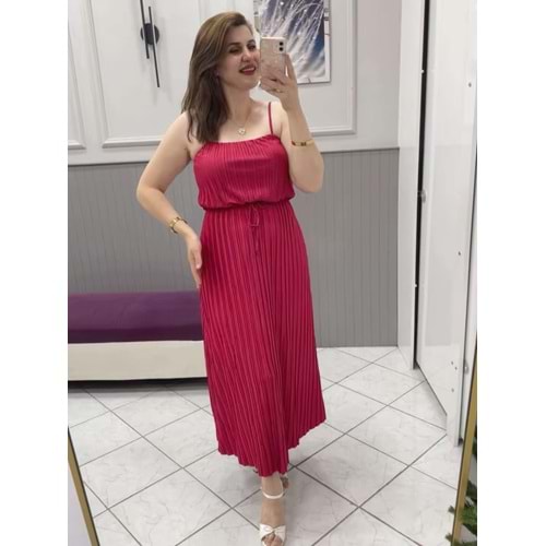 İp Askılı Pliseli Elbise - Zümra Butik - FUŞYA - M