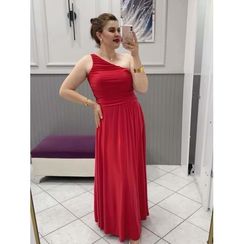 Kırmızı Tek Omuz Elbise - Zümra Butik - KIRMIZI - L