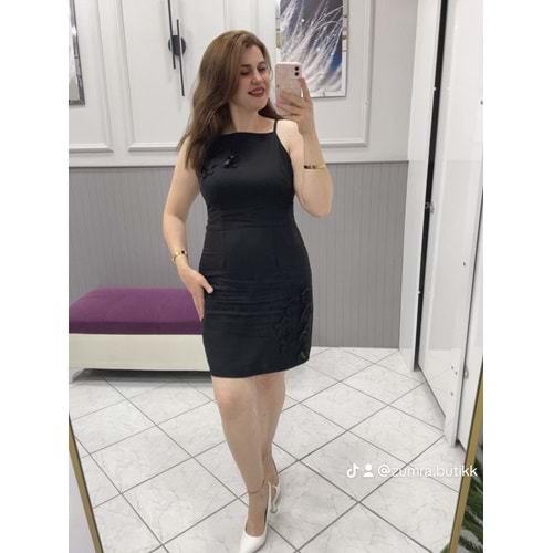 Gül Desenli İp Askılı Elbise - Zümra Butik - SİYAH - M