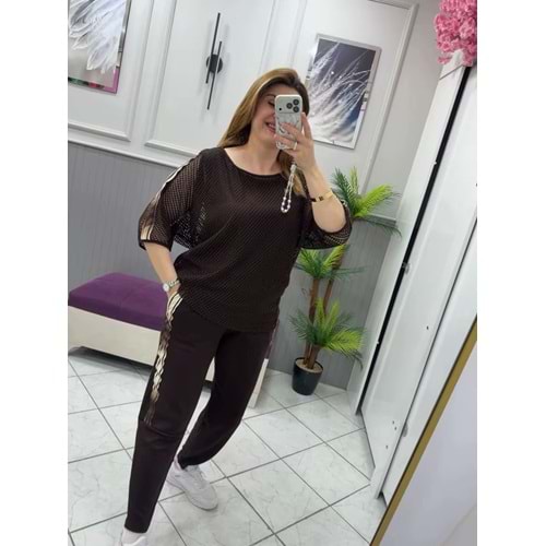 Fileli Üçlü Takım - Zümra Butik - KAHVERENGİ - L