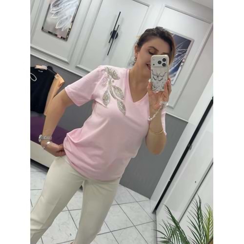 V YAKA TAŞLI TŞÖRT - Zümra Butik - PEMBE - L