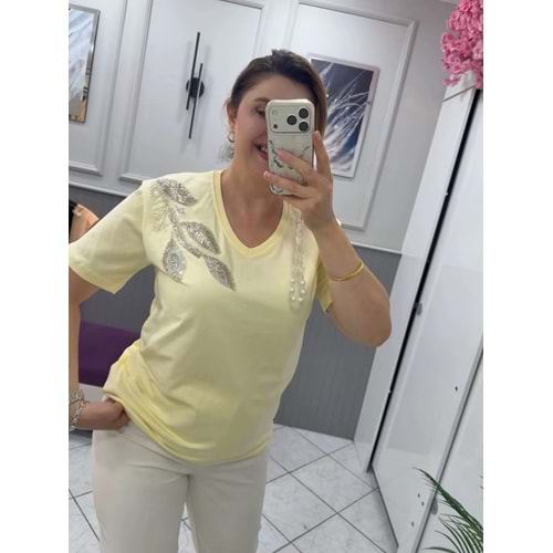 V YAKA TAŞLI TŞÖRT - Zümra Butik - SARI - L