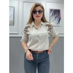 Gömlek Taş İşlemeli Keten - Zümra Butik - KREM - L