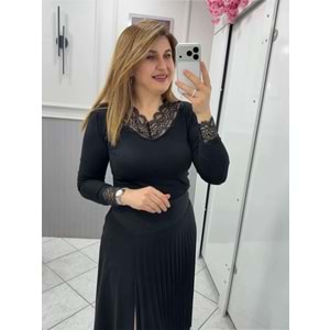 Dantel detay V Yaka Tşört - Zümra Butik - SİYAH - M