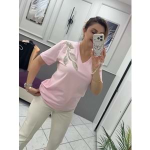 V YAKA TAŞLI TŞÖRT - Zümra Butik - PEMBE - L